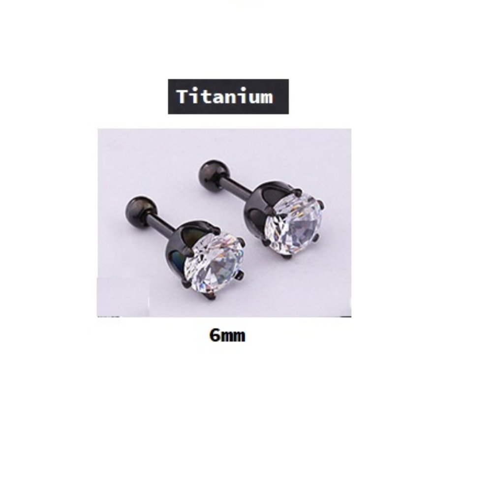 Black ~ 6mm ~ Titanium Six Prong Round Swarovski Crystal Earring